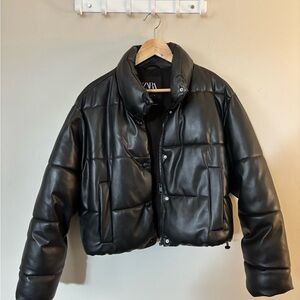Zara Women's Leather-Look Black Puffer Jacket